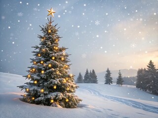 Naklejka premium Festive Christmas Landscape: Golden Star and Ornaments on Snowy Tree