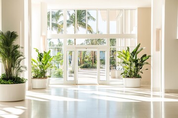 Bright Living Room Entrance with Glass Doors, Indoor Plants, and Minimalist Decor