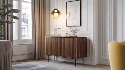 Modern walnut wood cabinet in elegant living room.