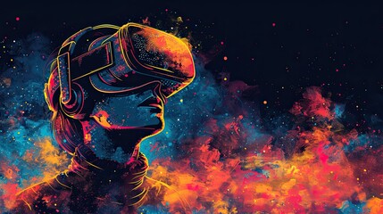 A person wearing a VR headset surrounded by an exciting digital universe