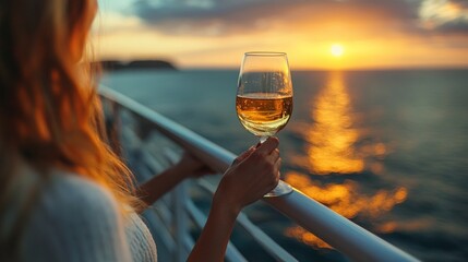 A person enjoys a glass of wine while watching a sunset over the ocean.