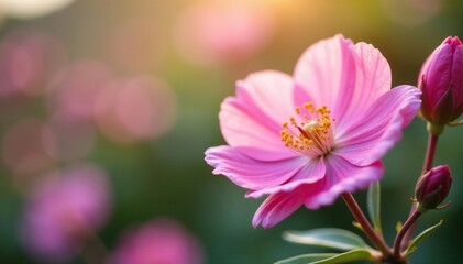 Obraz premium The soft pink petals of the Manuka flower are gently swaying in the breeze, Pink Manuka flower blossom with copy space left, manukaflower, botanical