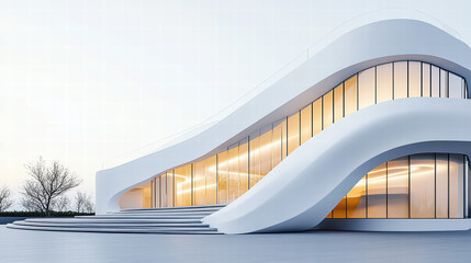 Obraz premium Modern white building with curved walls and stairs, exterior view, architectural rendering, minimalist style
