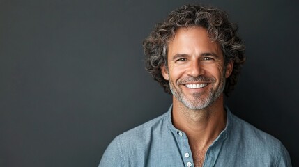 Smiling Middle-Aged Man with Curly Hair in Casual Shirt Portrait