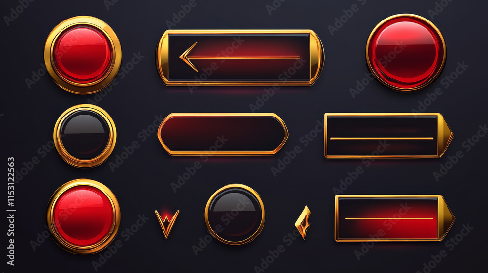 Wall mural red ui vector button animation for game interface cartoon set. hover banner gold frame design isolat