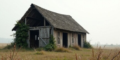 Obraz premium A weathered, rustic wooden structure stands alone in a field, enveloped by overgrown vegetation and a hazy atmosphere.