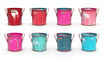 Paint metal bucket, tin cans with red, blue, pink and green ink in front and top view. Vector realistic 3d mockup of open steel containers with handle and paint drips isolated on white background