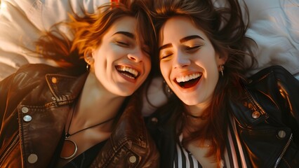 Obraz premium Happy couple laughing together in leather jackets