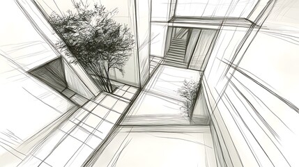 Obraz premium Stunning Architectural Sketch: Elevated View of Modern Interior Courtyard Design. AI Generated