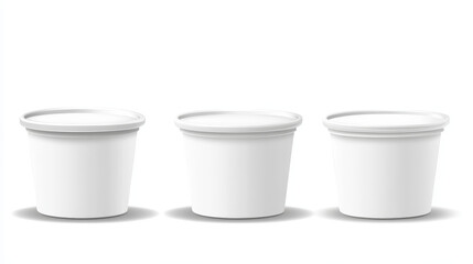 Plastic yogurt cup mockup. Realistic vector illustration set of white closed and open package for cream products. Template of blank round container with foil cap for dairy dessert or cheese.