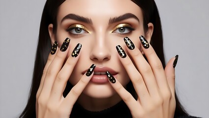 woman with Black nails with small golden confetti ,woman with nails, trendy nails, manicure with a nail polish, manicure, nails, nails art, nails design, trendy, fashionable nails, cat eye nails, fash