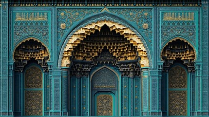 Intricate teal and gold Islamic architecture.