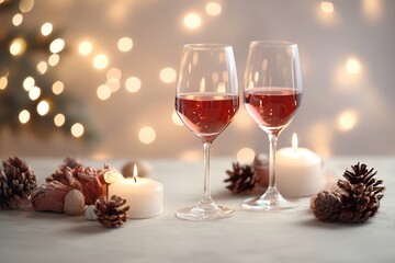 Festive Wine Glasses and Candles on a Light Table, Highlighted by a Soft Bokeh Background