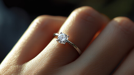 Obraz premium Close-up of the ring on her finger, a white gold solitaire engagement ring with a large round diamond
