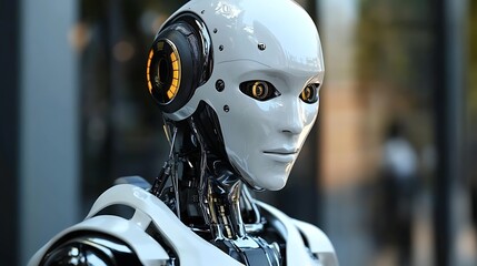 Close-up view of a highly advanced humanoid robot's head shoulders with showcasing intricate details
