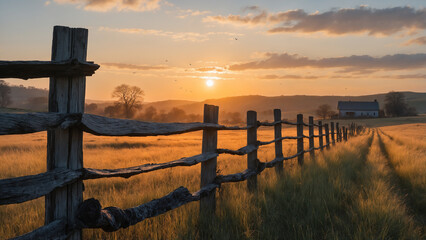 Obraz premium Sunset Over a Rustic Fence