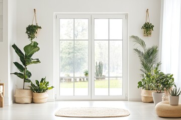 Bright Living Room Entrance with Glass Doors, Indoor Plants, and Minimalist Decor