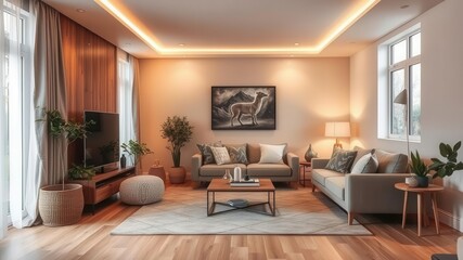 Cozy living room with warm lighting creating a welcoming atmosphere, furniture, warm glow