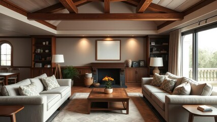 Elegant and cozy living room with plush couches, wooden furniture, decorative pillows, and soft lighting, interior, home