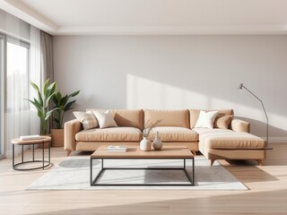 Modern and cozy living room with a plush sofa, stylish coffee table, and elegant decorative items, furniture, stylish