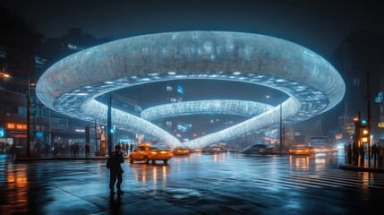 Futuristic city intersection with illuminated ring structure at night.