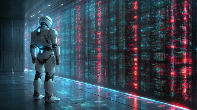 Robot observing futuristic data wall.