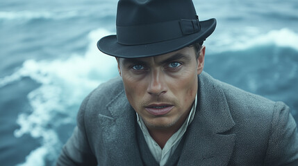 Intense man in a vintage suit and hat looking at the camera on a boat