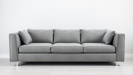 Modern gray fabric sofa with sleek lines and minimalist design, contemporary, interior