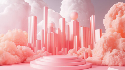 a pink cityline stage design with clouds, wallpaper