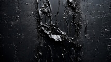 A close-up of a black textured surface with thick paint strokes and dramatic ridges, creating a bold and artistic abstract design
