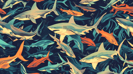 Vector seamless pattern of sharks and fish. Chaotic sharks and fish. eps 10.
