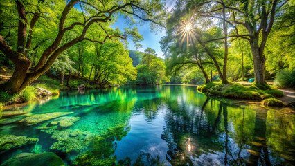 serene oasis with vibrant green trees surrounding tranquil pool, reflecting sunlight and nature beauty. This picturesque scene invites relaxation and peace