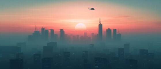 City skyline at sunset with misty atmosphere and a helicopter in the distance.