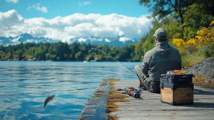 Obraz premium A person fishing peacefully by a lake surrounded by mountains and greenery.