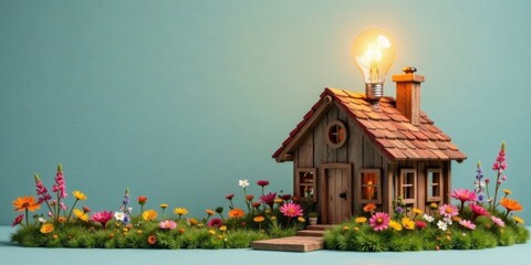 Obraz premium Illuminated Cottage Amidst Blooming Meadow A Symbol of Springtime Energy and Domestic Bliss