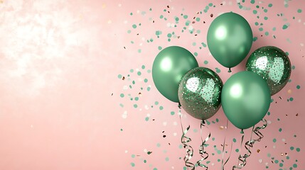 High-Angle Photo: Sparkling Green Balloons Float Joyously on Pink Background. AI Generated