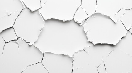 Fototapeta premium Cracked wall surface with white paint peeling, revealing imperfections and texture. This highlights details of wall damage and wear, creating striking visual impact