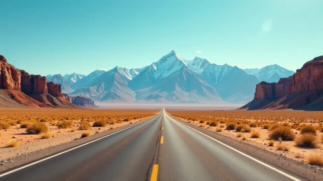 Asphalt ribbon unwinding towards a majestic snow-capped mountain range under a vibrant sky, flanked by arid, red rock formations and sparse desert vegetation.