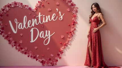 Fototapeta premium Girl in an evening red dress against the background of a large heart. Valentine's Day.