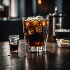 A mirror cup filled with cold brew coffee, placed next to ice cubes and cream.