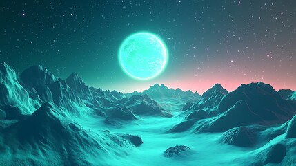Stunning Teal Moon Rises Over Alien Landscape: Vibrant Digital Painting. AI Generated