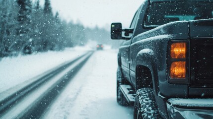 truck navigating through winter storm, surrounded by snow and trees, showcases resilience in harsh weather conditions. scene captures beauty and challenges of winter driving