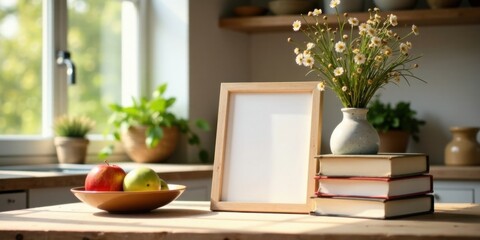 Sunlit Kitchen Tabletop Still Life with Blank Frame and Fruit