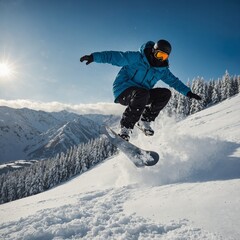 An action-packed scene of a snowboarder jumping off a snowy hill in a winter landscape. 