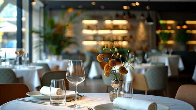 Elegant dining setup with a white tablecloth, wine glasses, and fresh flowers in a sunny restaurant ambiance.