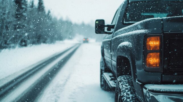 truck navigating through winter storm, surrounded by snow and trees, showcases resilience in harsh weather conditions. scene captures beauty and challenges of winter driving