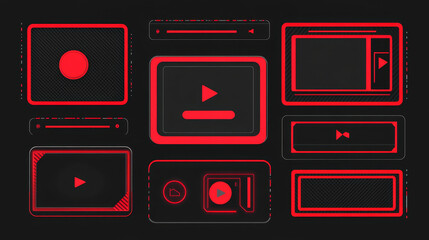 Game stream ui borders set isolated on black background. Vector realistic illustration of red frames for streaming platform, online and offline buttons, user interface design elements collection