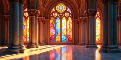 Obraz premium Sunlit Grandeur A Hall of Ornate Columns and Vibrant Stained Glass Windows