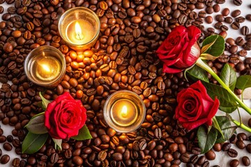 Flat Lay Coffee and Roses: Romantic Night Photography Stock Photo