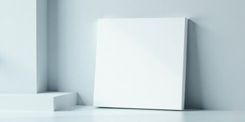 Fototapeta premium Blank Canvas Leaning Against a Pale Wall in a Minimalist Room Setting